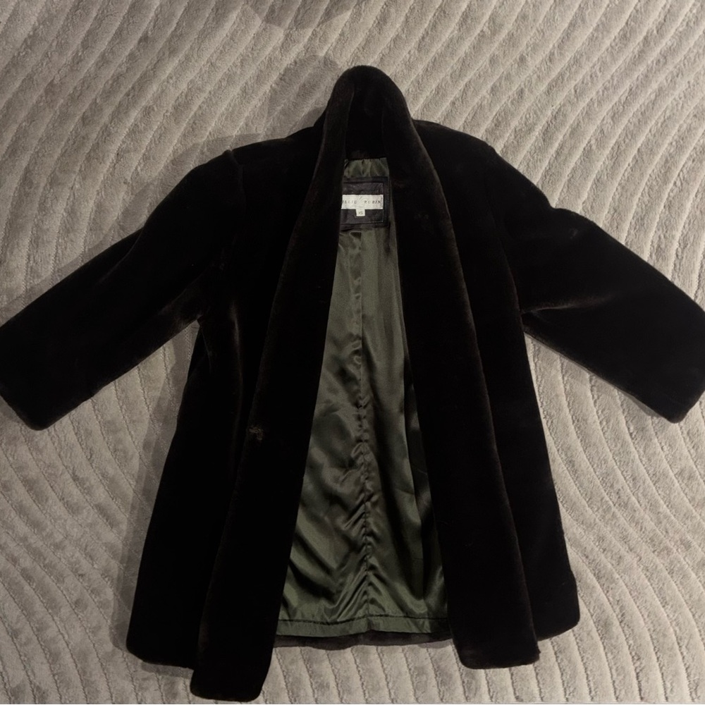 Vintage Lillie Rubin Black/Dark Brown Faux Fur Coat with Olive Lining